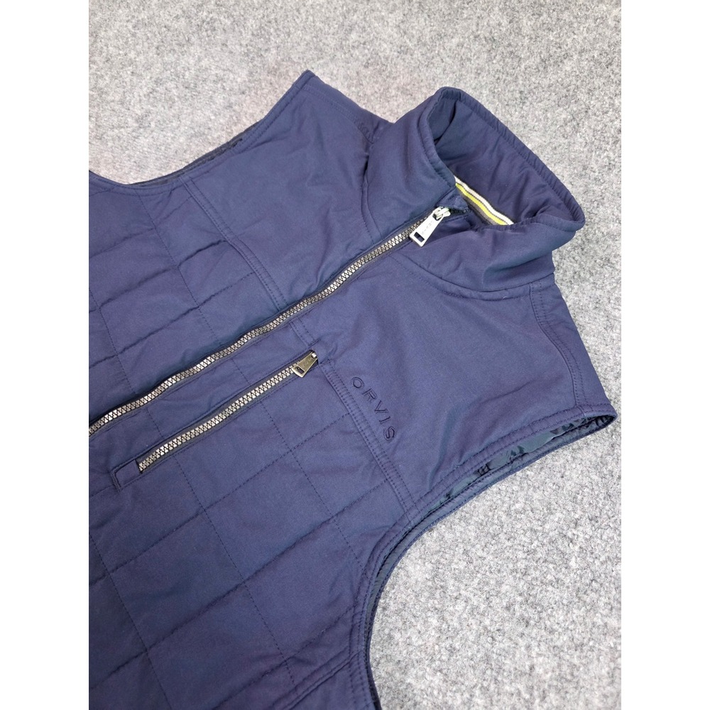 Orvis Quilted Puffer Vest Mens Medium Navy Blue Full Zip Mock Neck Pockets